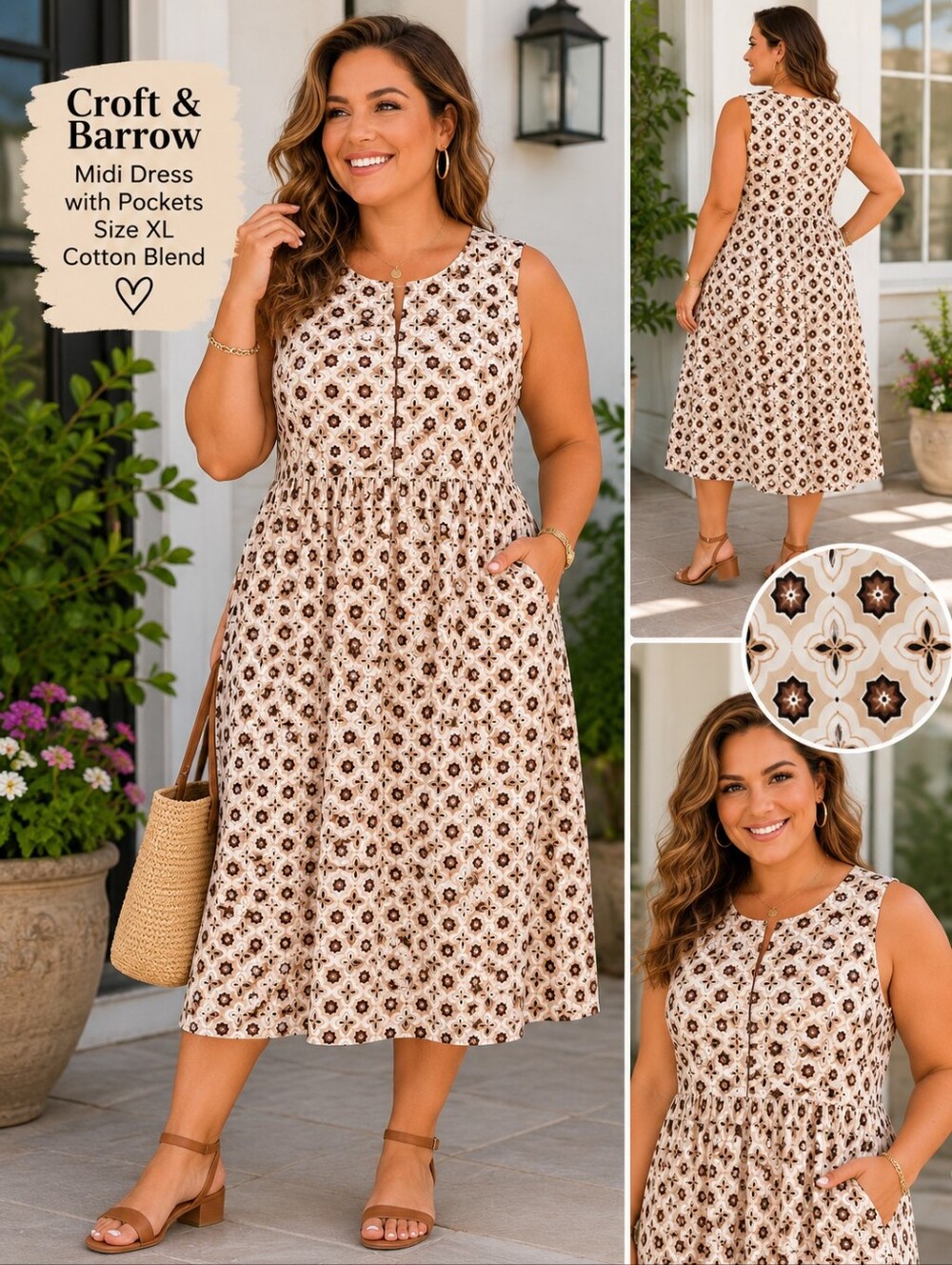 Croft & Barrow Midi Dress with Pockets Size XL Cotton Blend Cottagecore NWOT
